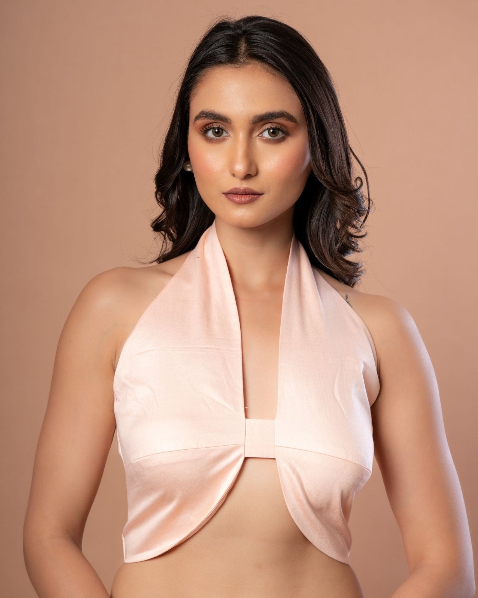 Designer Halter Neck Blouse in Peach Colour - Anvi Couture