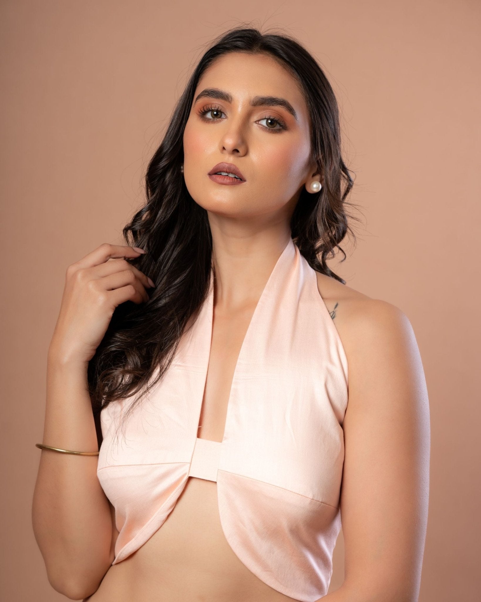 Designer Halter Neck Blouse in Peach Colour - Anvi Couture