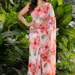 Designer Peach Georgette Saree with All - Over Floral Prints - Anvi Couture