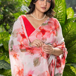 Designer Peach Georgette Saree with All - Over Floral Prints - Anvi Couture