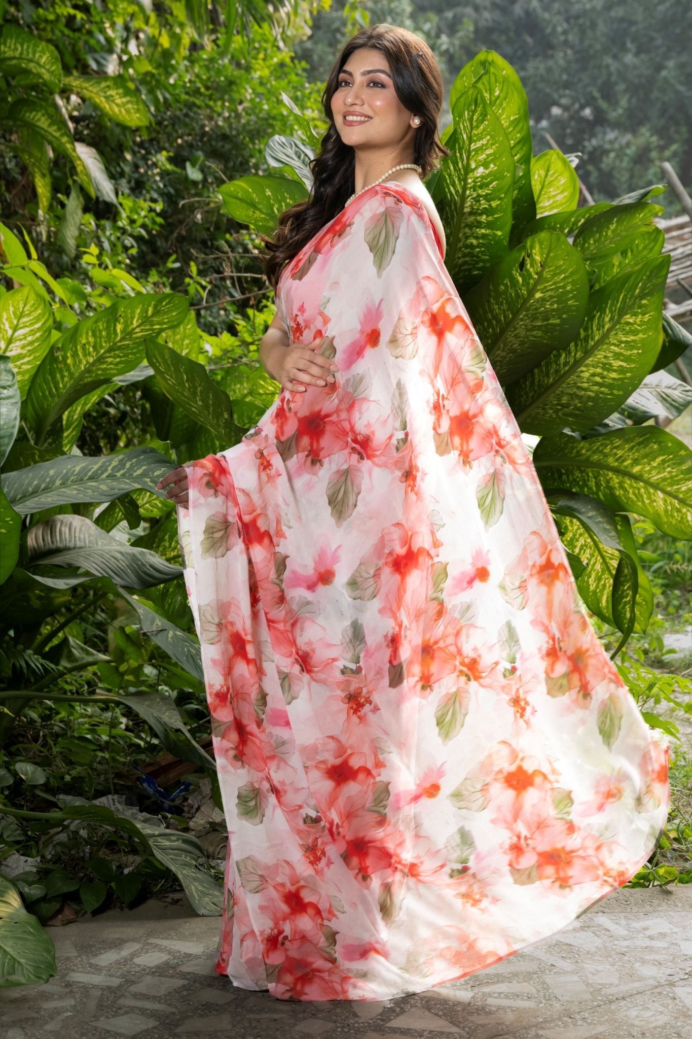 Designer Peach Georgette Saree with All - Over Floral Prints - Anvi Couture