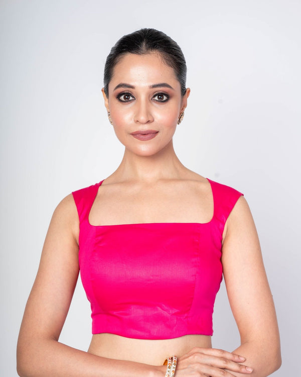 Designer Pink Blouse in Cotton Silk with Square Neck & Back Cut - Anvi Couture