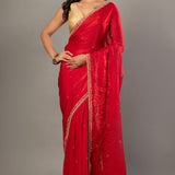 Designer Red Jimmy Choo Saree with Hand Embroidery - Anvi Couture