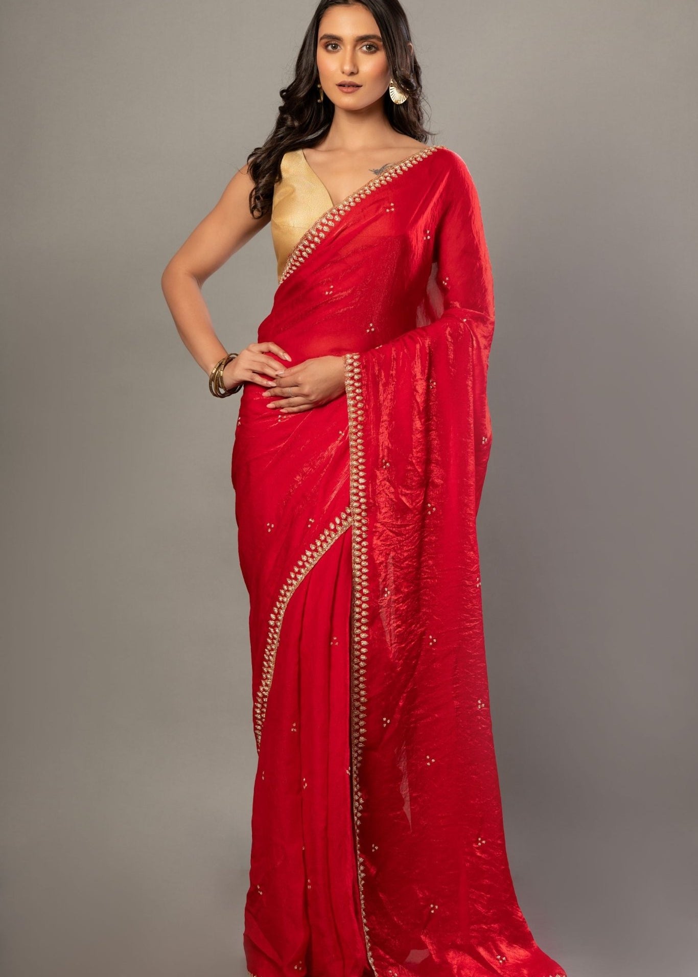 Designer Red Jimmy Choo Saree with Hand Embroidery - Anvi Couture