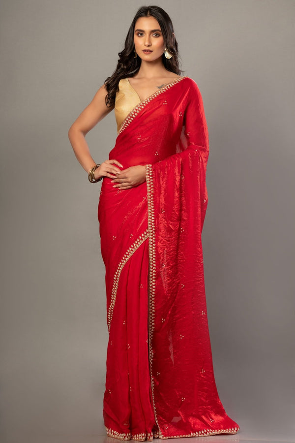 Designer Red Jimmy Choo Saree with Hand Embroidery - Anvi Couture