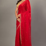 Designer Red Jimmy Choo Saree with Hand Embroidery - Anvi Couture