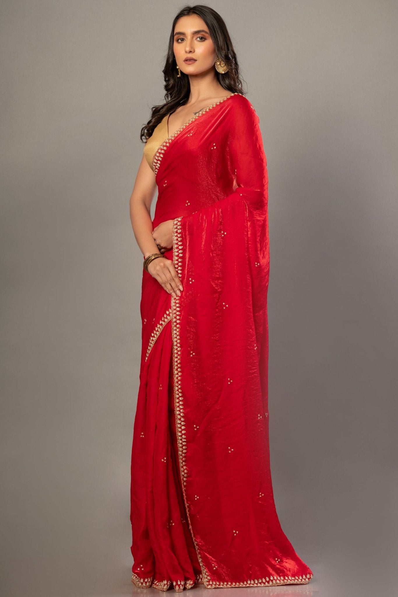Designer Red Jimmy Choo Saree with Hand Embroidery - Anvi Couture