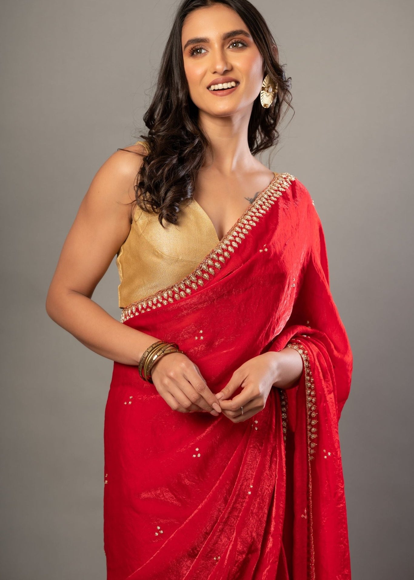 Designer Red Jimmy Choo Saree with Hand Embroidery - Anvi Couture