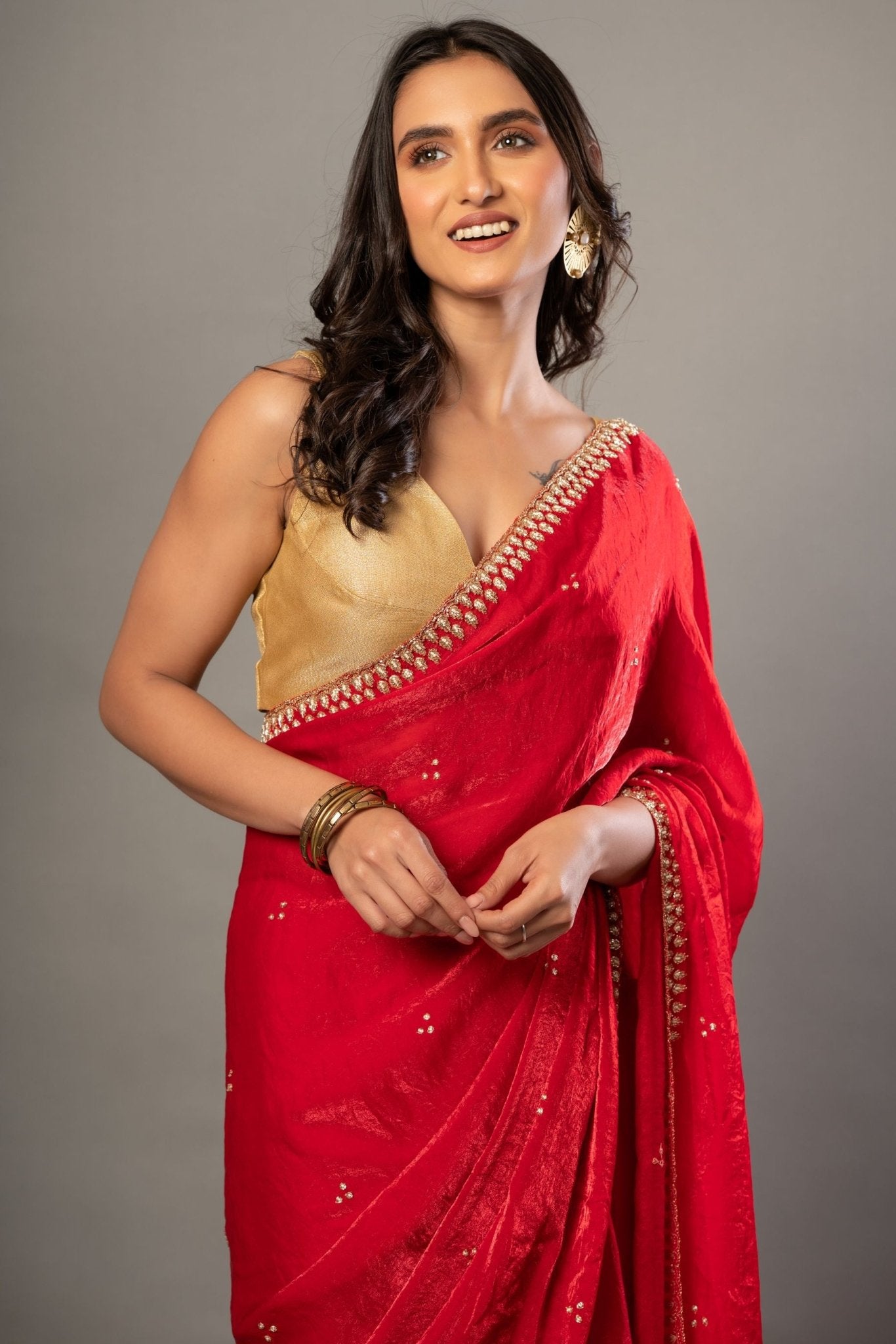 Designer Red Jimmy Choo Saree with Hand Embroidery - Anvi Couture