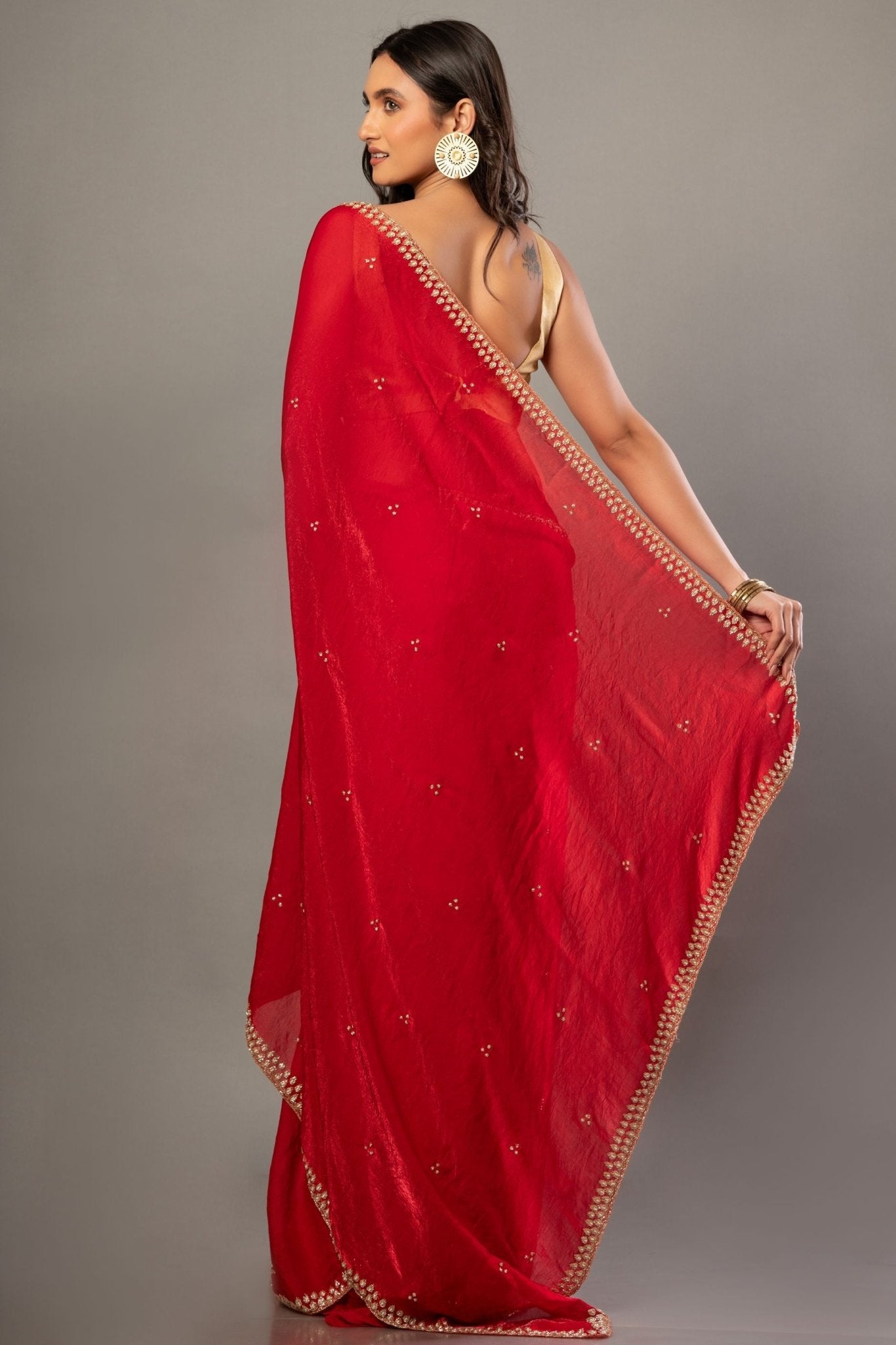 Designer Red Jimmy Choo Saree with Hand Embroidery - Anvi Couture