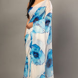 Designer White Georgette Saree with Blue Abstract Print - Anvi Couture