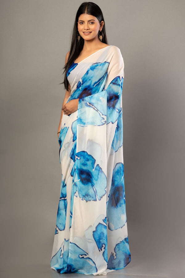 Designer White Georgette Saree with Blue Abstract Print - Anvi Couture