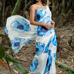 Designer White Georgette Saree with Blue Abstract Print - Anvi Couture