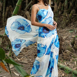 Designer White Georgette Saree with Blue Abstract Print - Anvi Couture