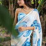 Designer White Georgette Saree with Blue Abstract Print - Anvi Couture