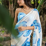 Designer White Georgette Saree with Blue Abstract Print - Anvi Couture