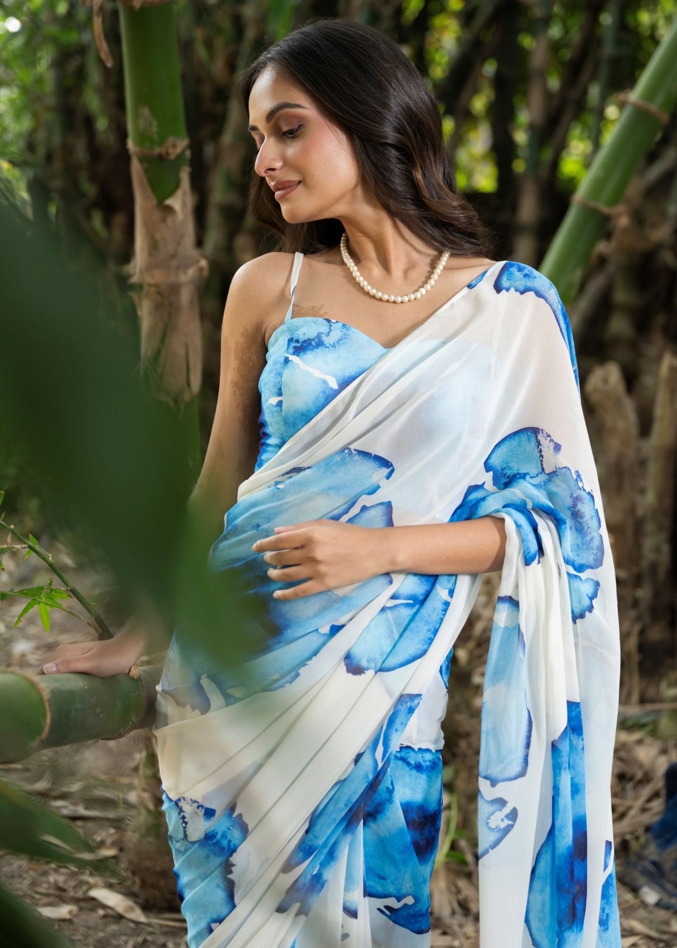 Designer White Georgette Saree with Blue Abstract Print - Anvi Couture