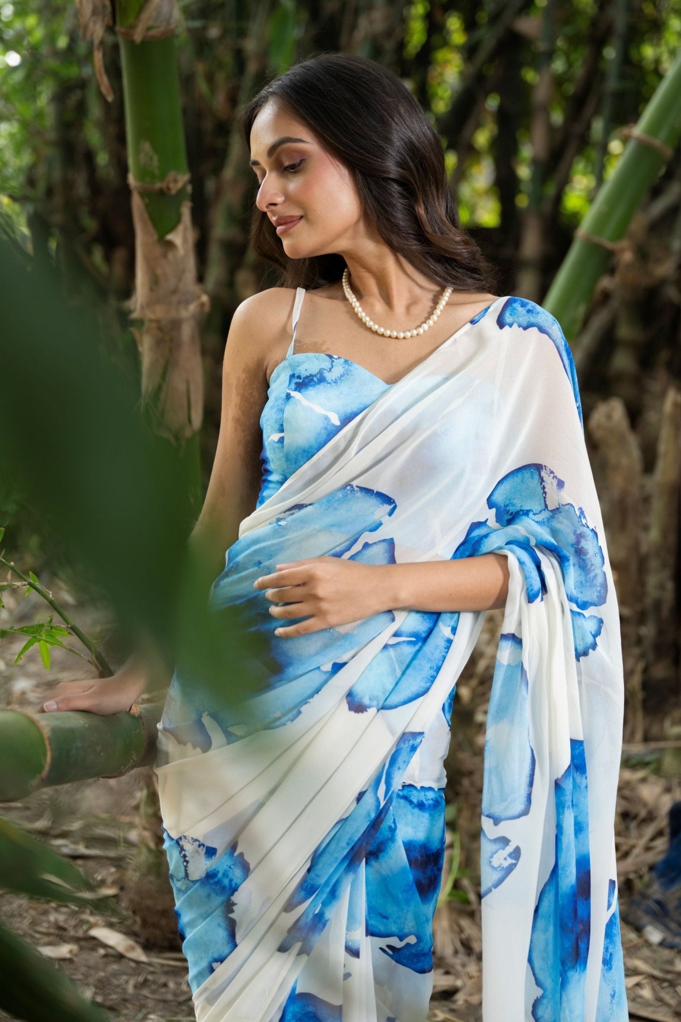 Designer White Georgette Saree with Blue Abstract Print - Anvi Couture