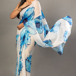 Designer White Georgette Saree with Blue Abstract Print - Anvi Couture