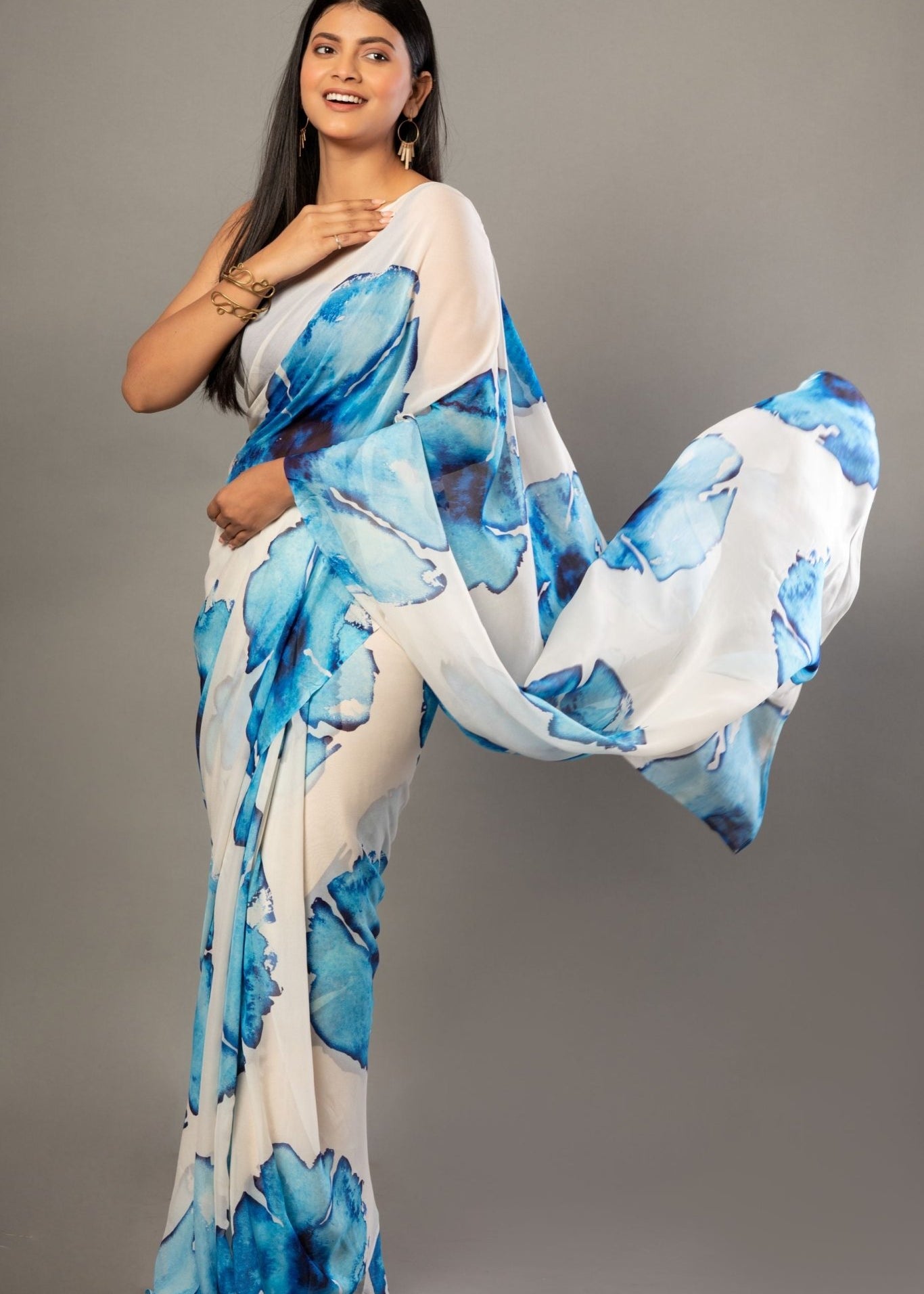Designer White Georgette Saree with Blue Abstract Print - Anvi Couture