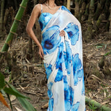 Designer White Georgette Saree with Blue Abstract Print - Anvi Couture