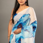 Designer White Georgette Saree with Blue Abstract Print - Anvi Couture