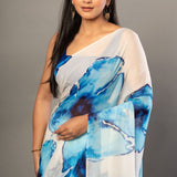 Designer White Georgette Saree with Blue Abstract Print - Anvi Couture