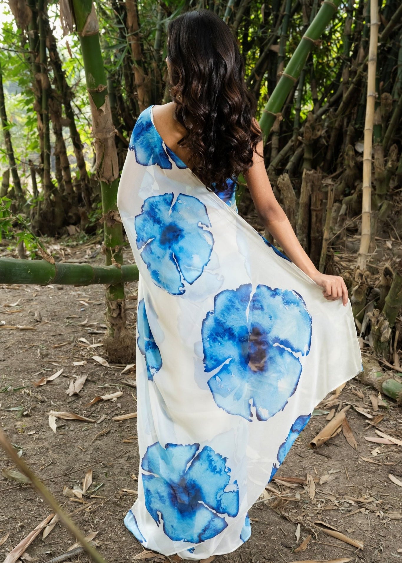 Designer White Georgette Saree with Blue Abstract Print - Anvi Couture