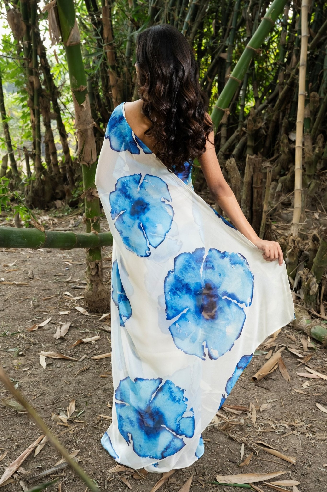 Designer White Georgette Saree with Blue Abstract Print - Anvi Couture