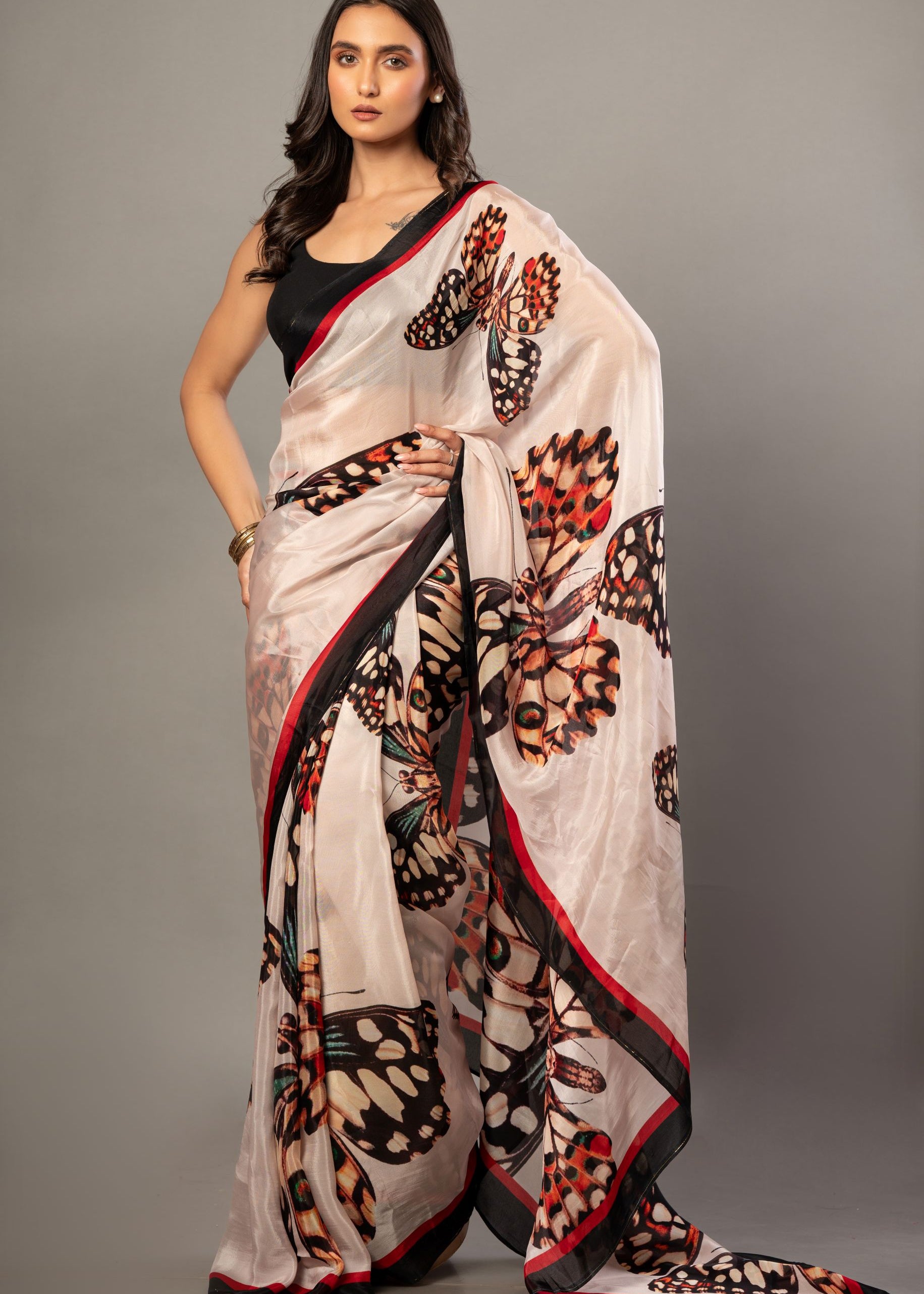 Designer White Organza Saree with Butterfly Print 1

