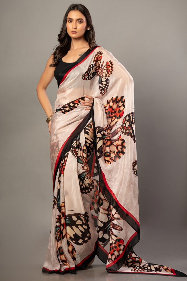 Designer White Organza Saree with Butterfly Print - Anvi Couture