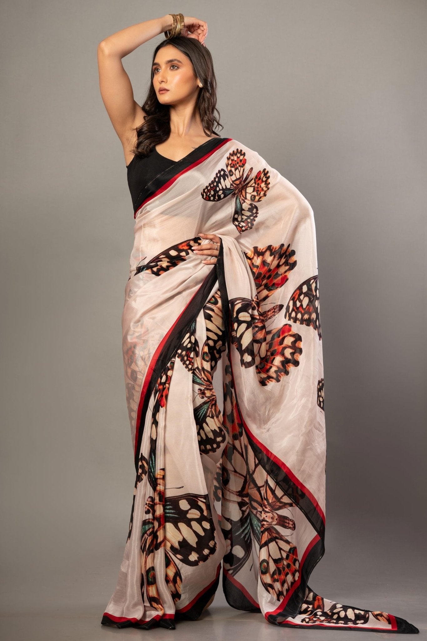 Designer White Organza Saree with Butterfly Print - Anvi Couture