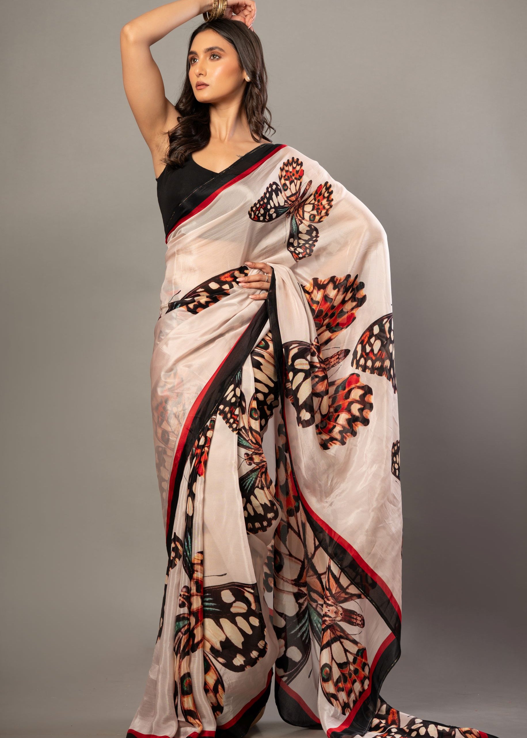Designer White Organza Saree with Butterfly Print  2
