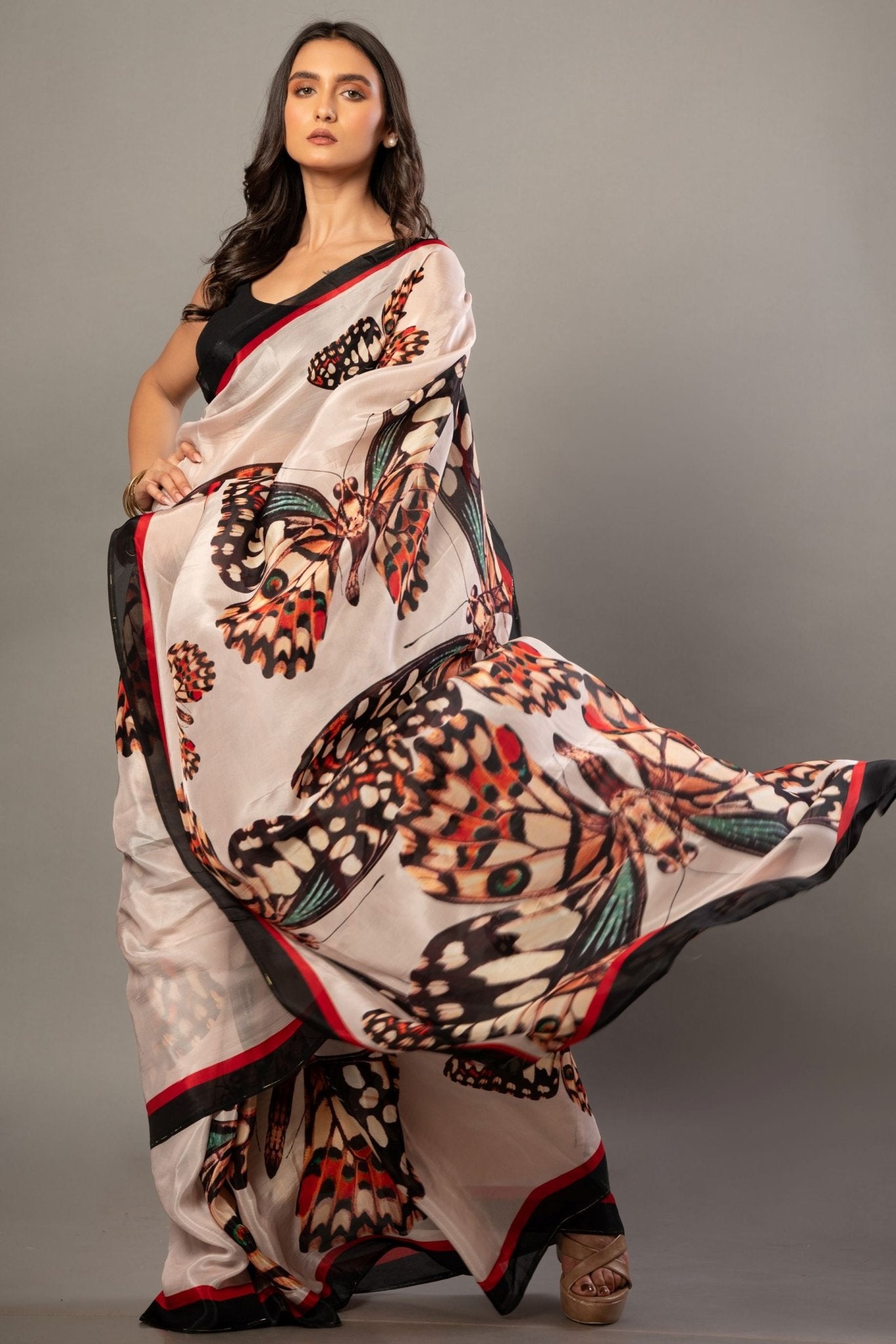 Designer White Organza Saree with Butterfly Print - Anvi Couture