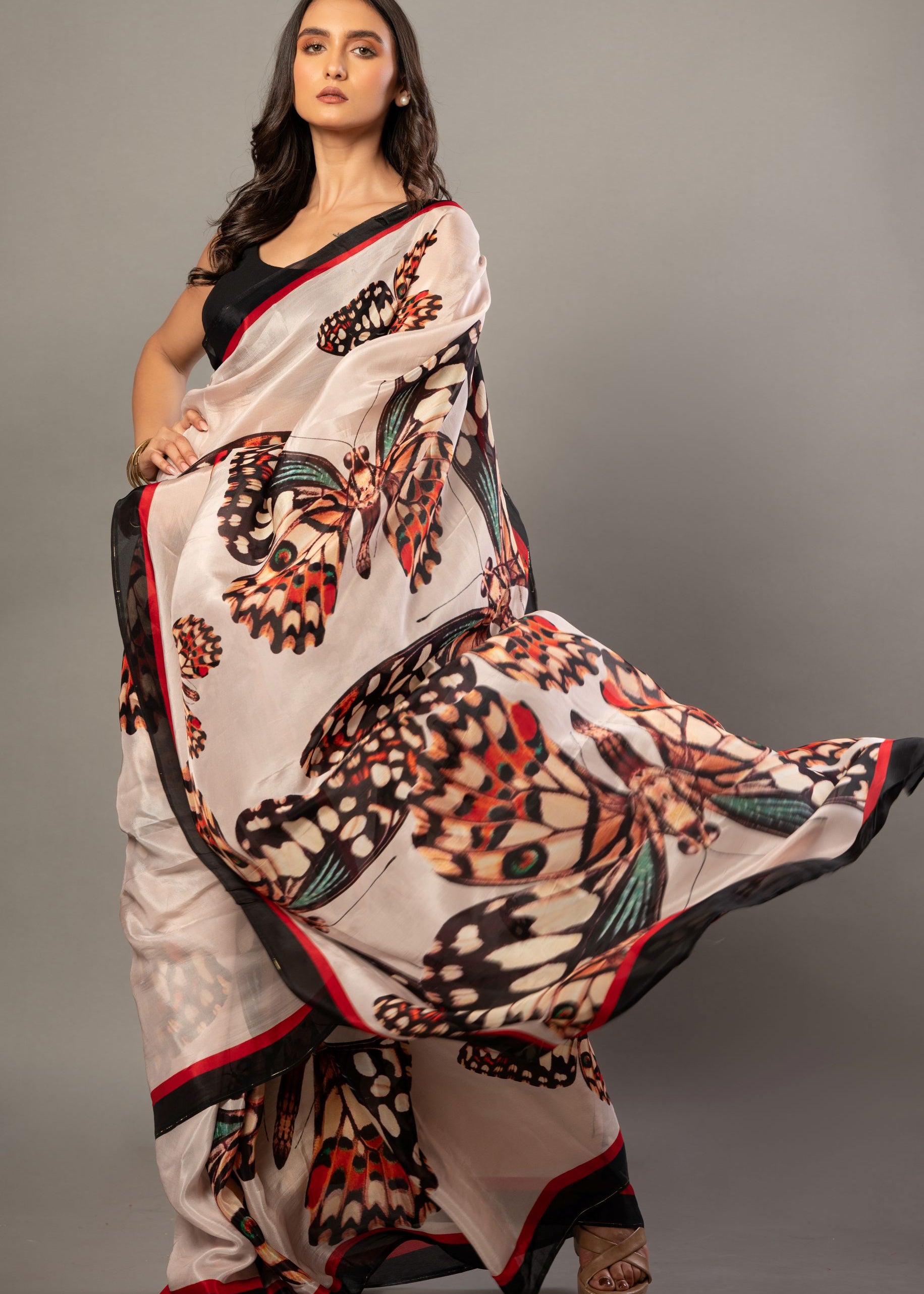 Designer White Organza Saree with Butterfly Print 3
