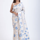 Dhakai Jamdani Saree in White with Blue Floral Motifs Full
