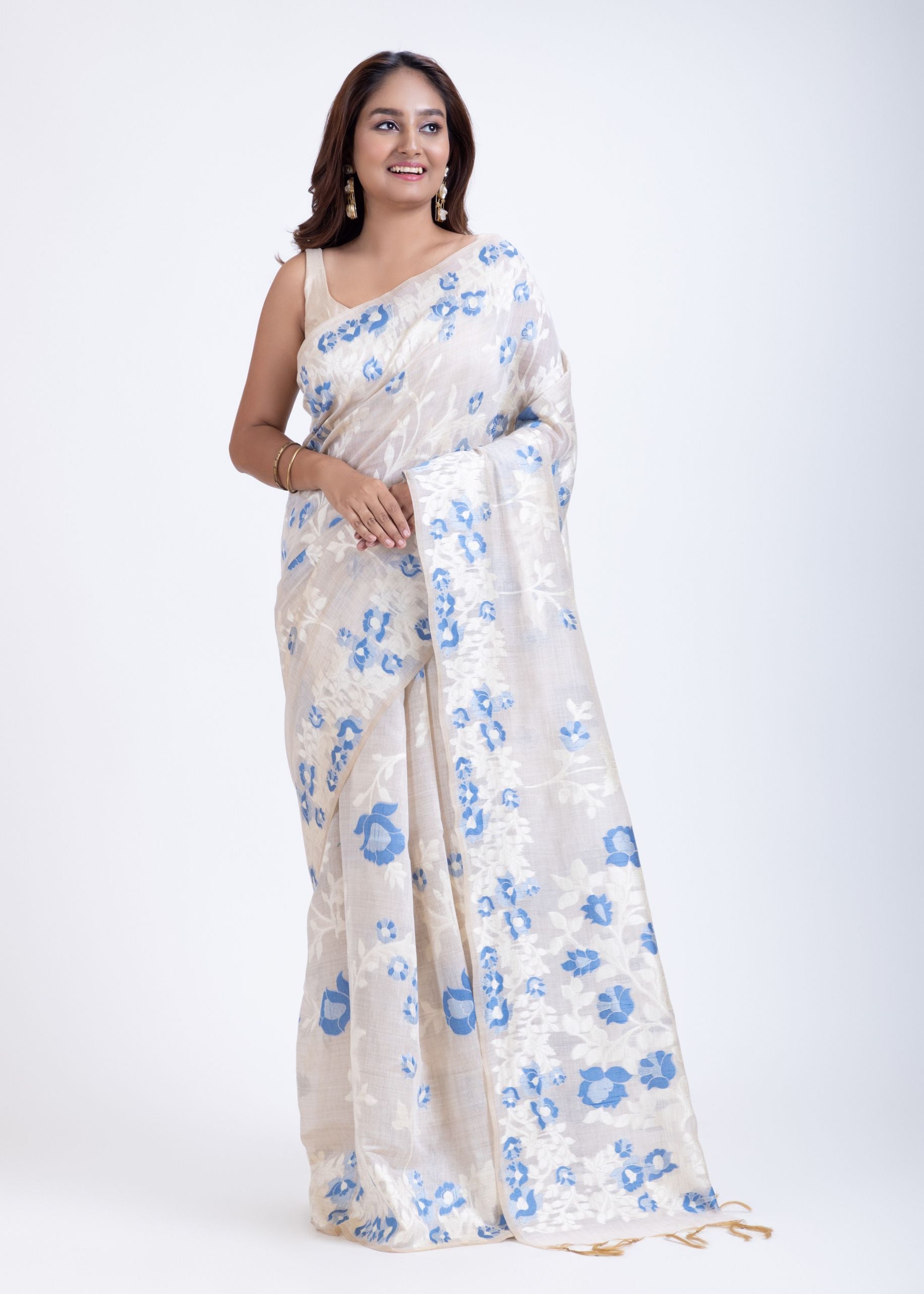 Dhakai Jamdani Saree in White with Blue Floral Motifs Full
