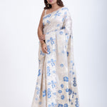 Dhakai Jamdani Saree in White with Blue Floral Motifs Front
