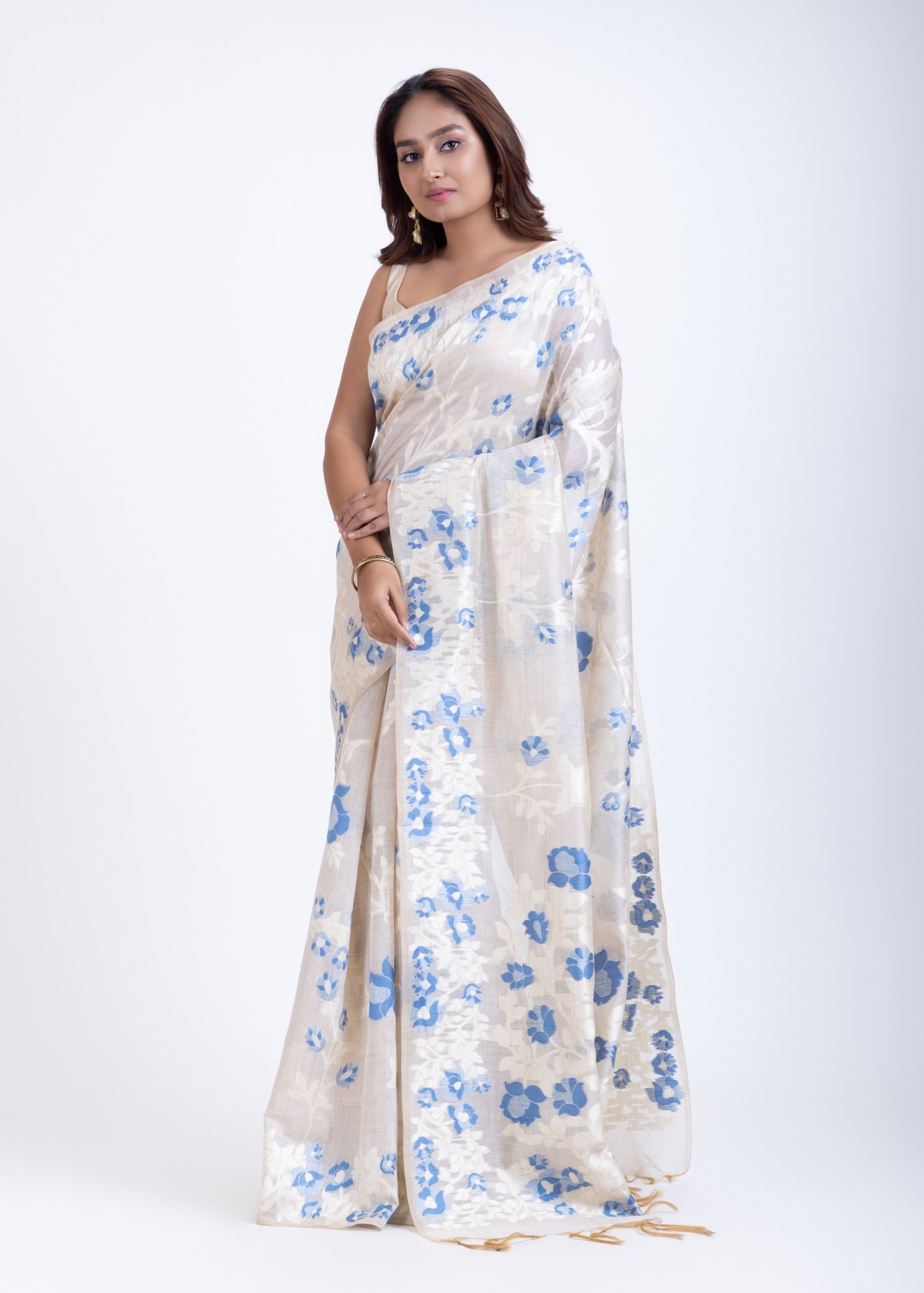 Dhakai Jamdani Saree in White with Blue Floral Motifs Front

