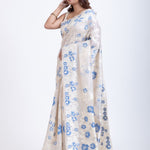 Dhakai Jamdani Saree in White with Blue Floral Motifs Back
