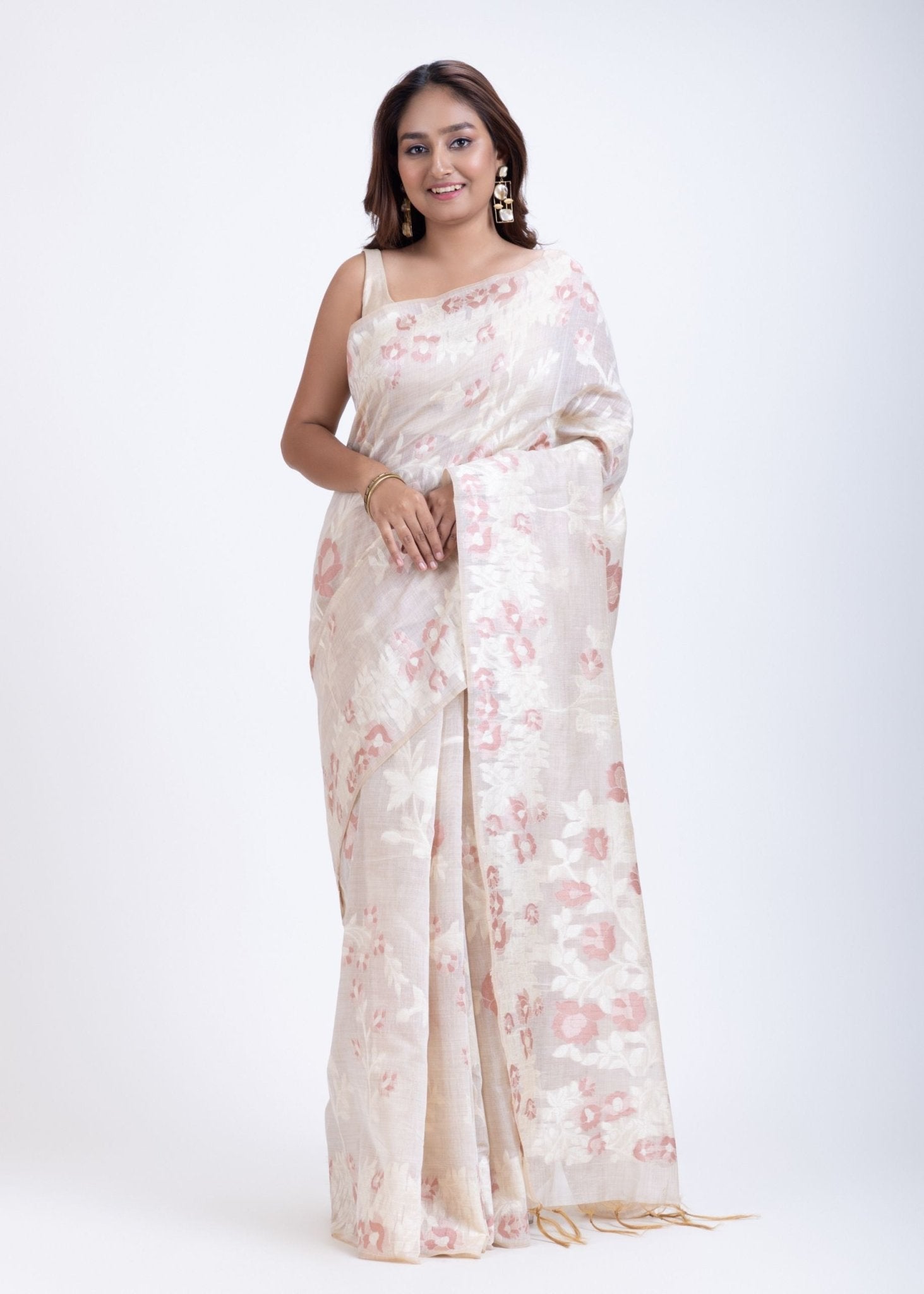Dhakai Jamdani Saree in White with Red Floral Motifs - Anvi Couture