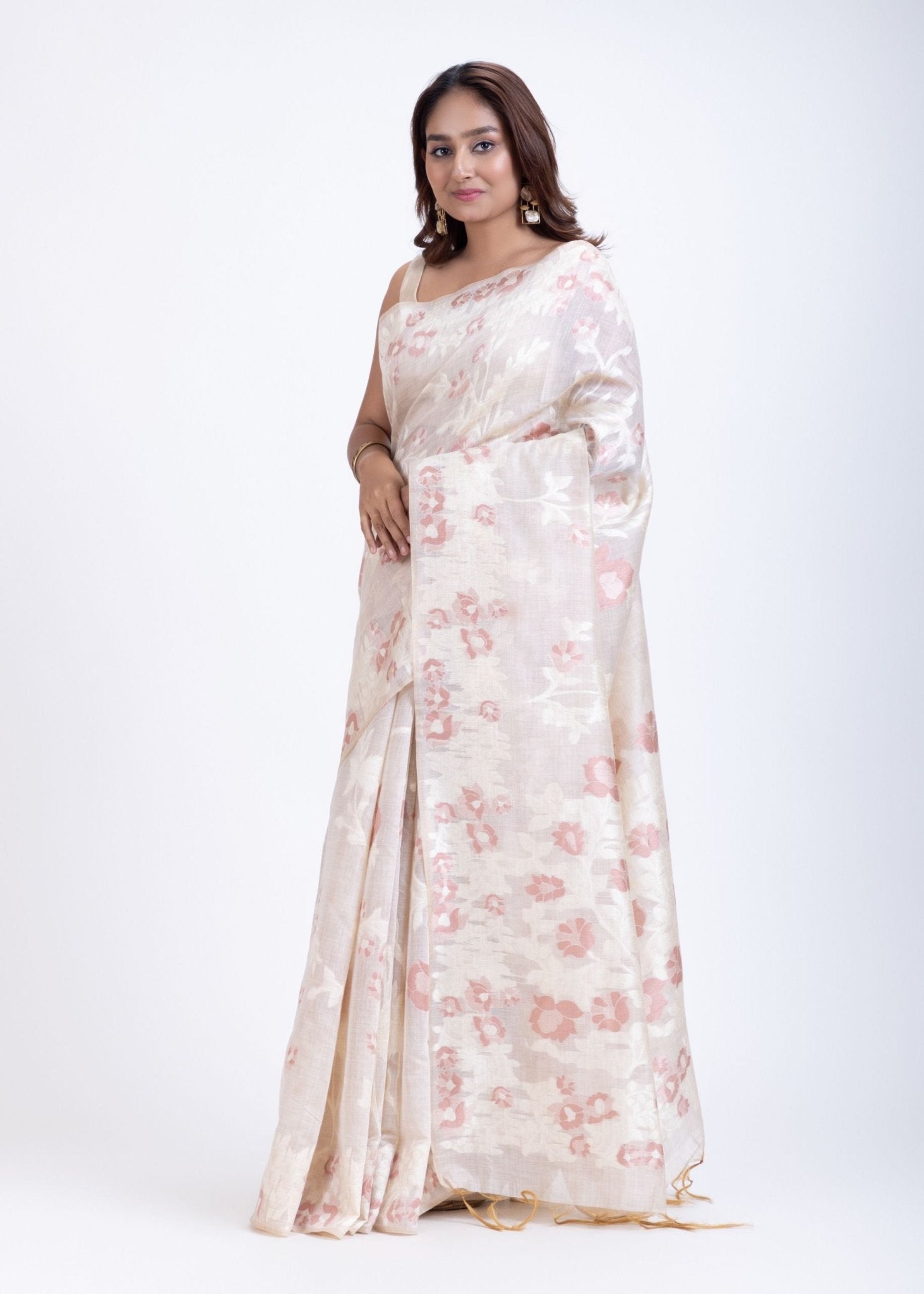 Dhakai Jamdani Saree in White with Red Floral Motifs - Anvi Couture