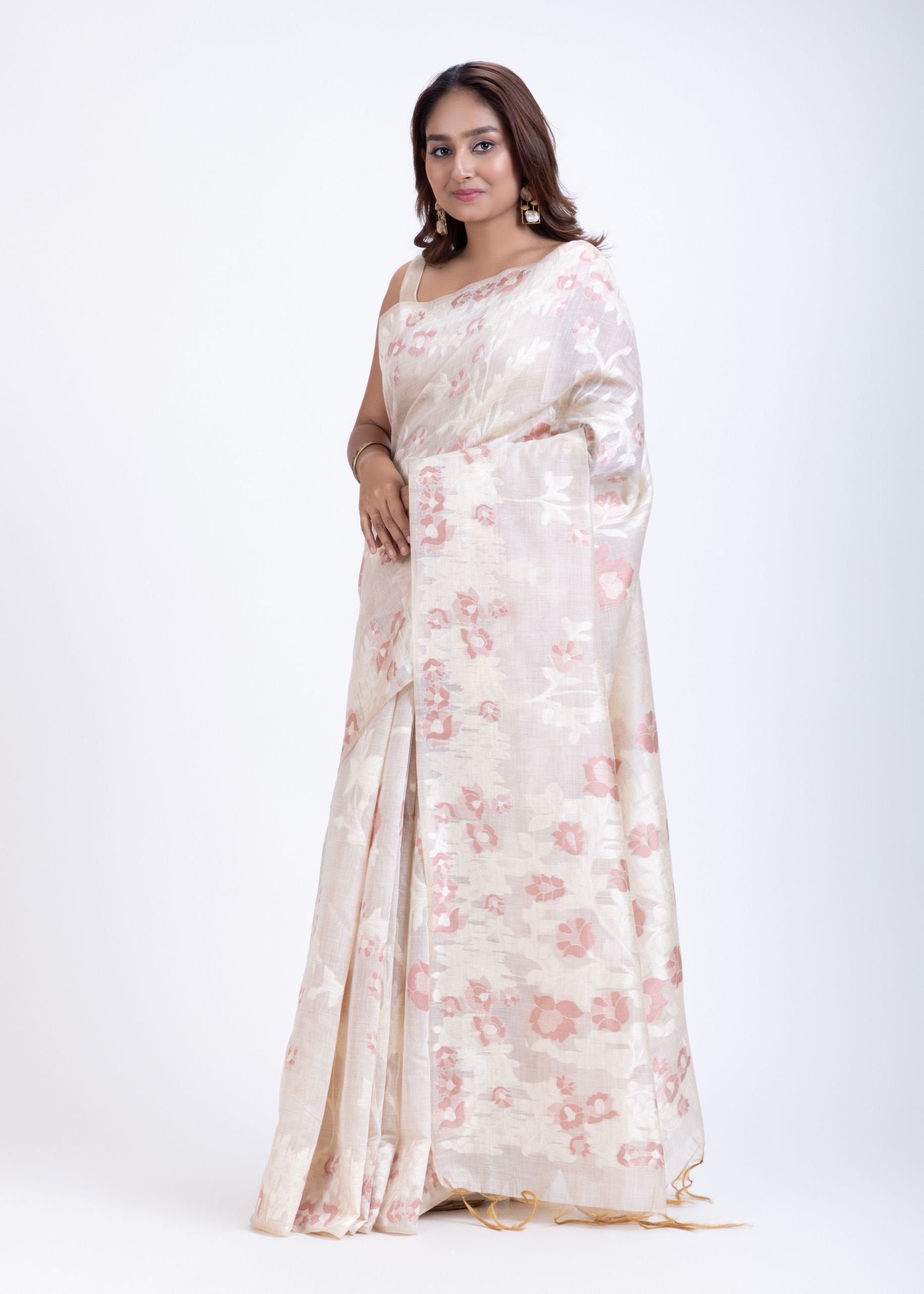 Dhakai Jamdani Saree in White with Red Floral Motifs Front
