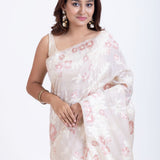 Dhakai Jamdani Saree in White with Red Floral Motifs Close Up
