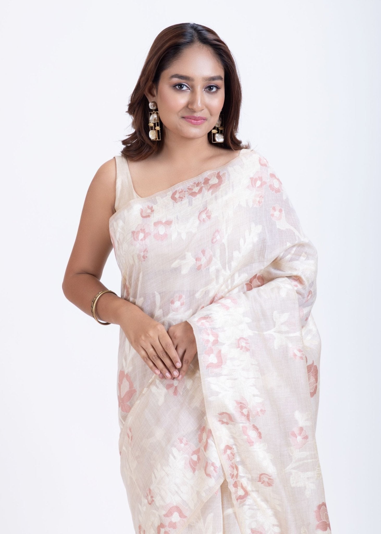 Dhakai Jamdani Saree in White with Red Floral Motifs - Anvi Couture