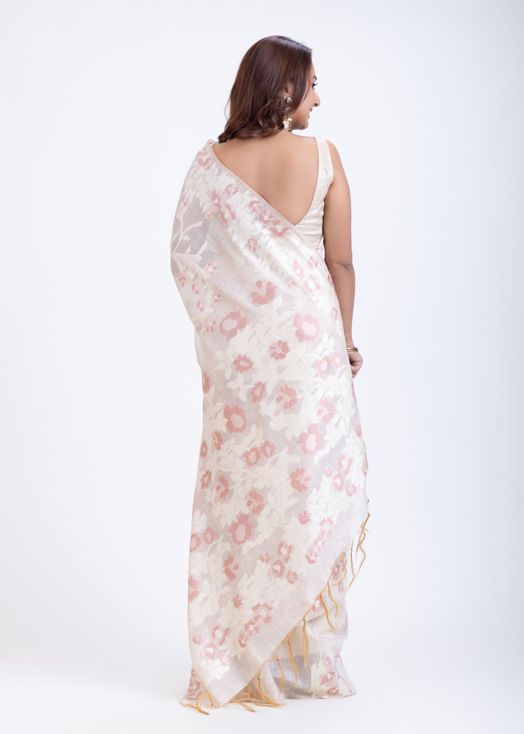 Dhakai Jamdani Saree in White with Red Floral Motifs Back
