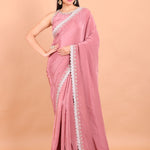 Dusky Rose Pink Crepe Silk Saree Blouse Set  With Golden Embroidered Border and Cutdana Work Front view
