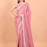 Dusky Rose Pink Crepe Silk Saree Blouse Set  With Golden Embroidered Border and Cutdana Work Front view