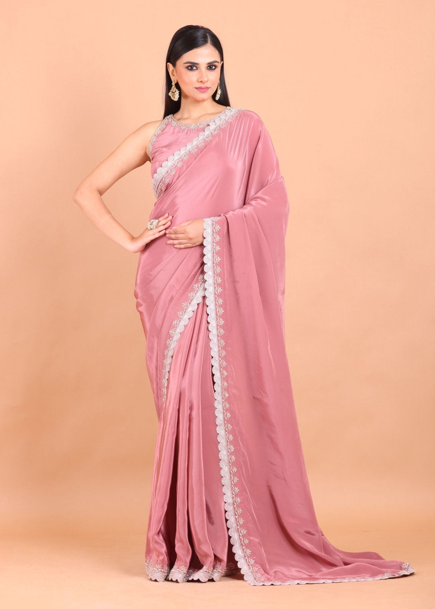 Dusky Rose Pink Crepe Silk Saree Blouse Set With Golden Embroidered Border and Cutdana Work - Anvi Couture