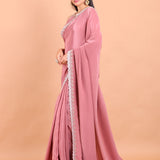 Dusky Rose Pink Crepe Silk Saree Blouse Set  With Golden Embroidered Border and Cutdana Work Side View